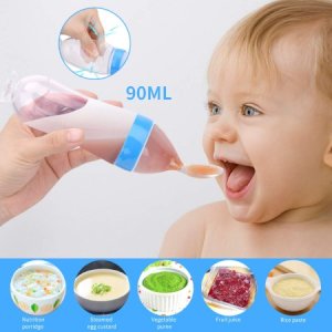 Silicone Baby Food Feeder With Dispensing Spoon, Travel Baby Training Bottle with Spoon Soft Head Baby Feeding Tools