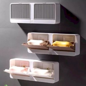 Creative Double Wall Hanging Soap Box With Lid Double Grids Draining Rack Soap Sponge Holder Organizer Bathroom Accessories